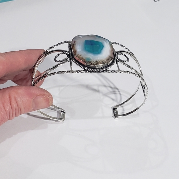 Agate Bracelet, 925 silver agate geode slice gemstone adjustable cuff bracelet - Picture 8 of 14